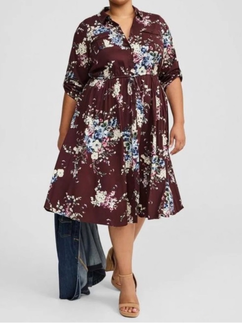 Torrid Collared Midi Dress-Burgundy with Ivory and Blue floral-Size 2X
